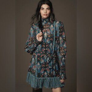 NWT Size S - FARM RIO blue arabesque floral high neck mini dress